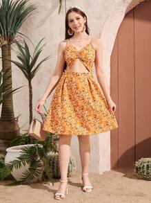 Teen Girl's Floral Print Ruffle Cutout Cami Mini Dress, Holiday Style