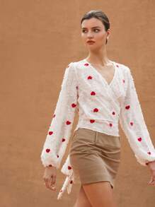 Aveloria Rosie Elegant Textured Fringed Color Blocking Heart Embroidered V-Neck Wrap Tie Front Long Sleeve Cinched Waist Women Blouse Boho Vacation FashionableStyle All Over Print