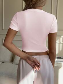 SHEIN EZwear 浅粉色针织修身小熊刺绣女式 T 恤 - 淺粉色 - 查看 3