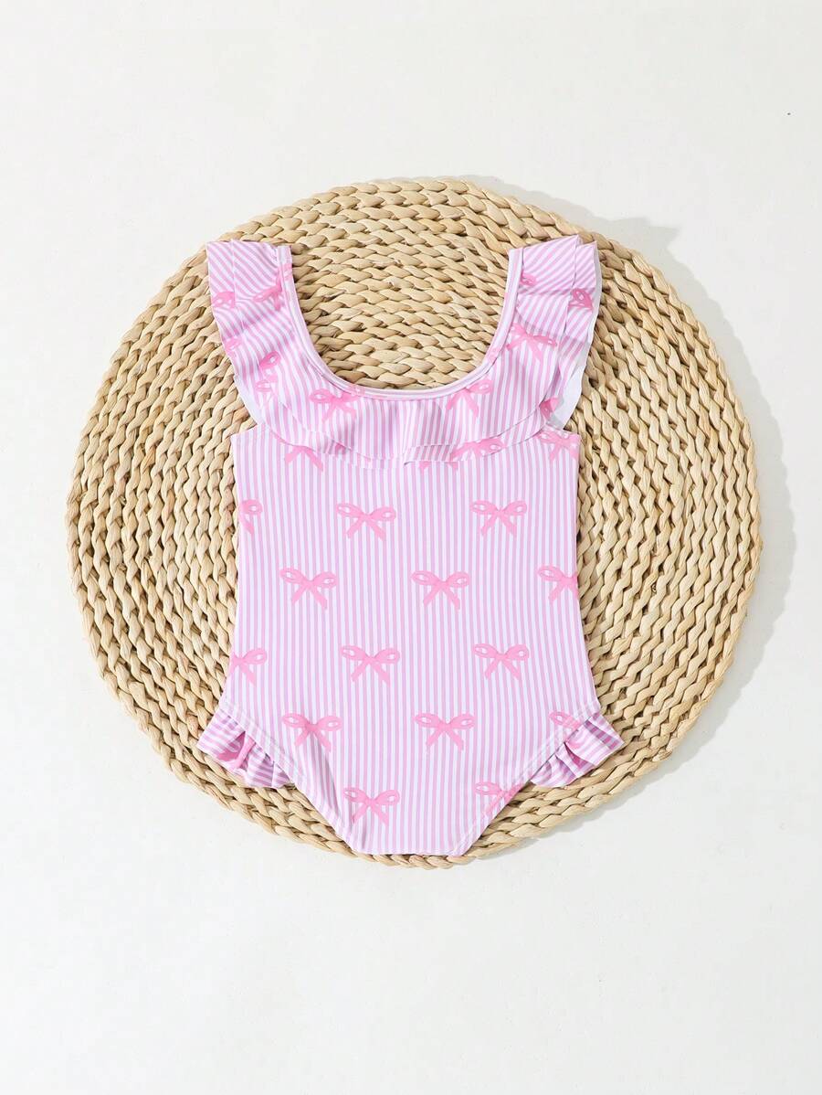 Baby Girl Cute Bowknot Stripe & Ruffle Trim One-Piece Swimsuit - Multicolor - View 1
