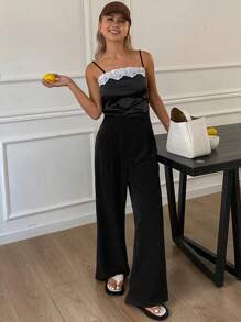 DAZY 2pcs Women Vintage Style Summer Set - Lace Camisole & Wide Leg Pants