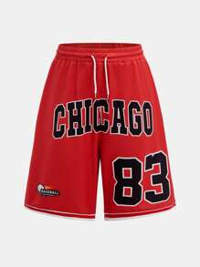 SHEIN Pantalones cortos deportivos cómodos con estampado gráfico de estilo oscuro para adolescentes hombres