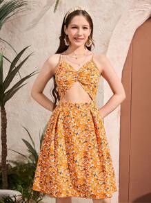 Teen Girl's Floral Print Ruffle Cutout Cami Mini Dress, Holiday Style