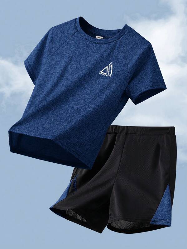 SHEIN 2pcs Tween Boy Contrast Color Block T-Shirt And Shorts Sports Set