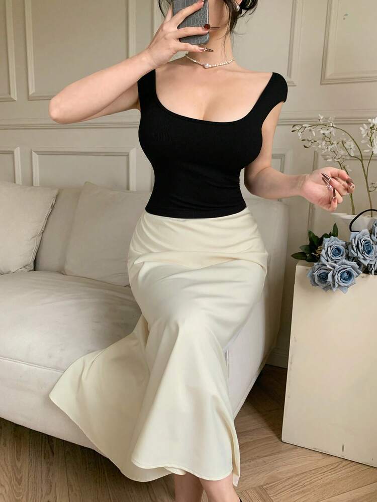 Women's Color Block Square Neck Slim Fit Elegant Mid-Length Dress Elegant Sundress Maxi Dress