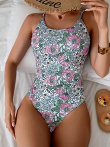 SHEIN Swim Traje de baño de una pieza con estampado floral tropical y espalda descubierta, ropa de playa informal para vacaciones de verano, traje de baño sexy de una pieza - Multicolor - Ver 4