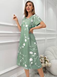 SHEIN White Floral Pattern Women's Short Sleeve Midi Nightgown, Moo Moo - Green - View 5