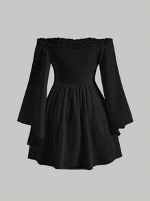 SHEIN PETITE Vestido blanco con volantes en los hombros, mangas abullonadas con flecos y mangas campana