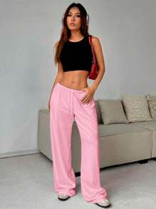 SHEIN EZwear Quần dài cạp rút mềm mại màu hồng tối giản giản dị - Hồng - Xem 6