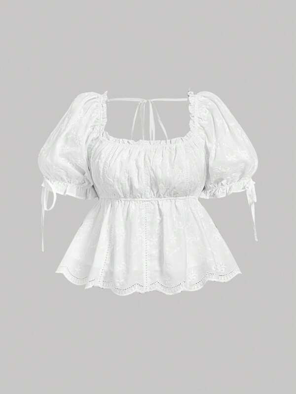 SHEIN MOD Plus Size White Butterfly Embroidered Square Collar Cute Girl Vacation Doll Blouse.Tops  Summer