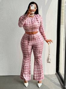 Maweii 大码节日、波西米亚风、嬉皮士风、牛仔风和复古风时尚扎染数码印花圆领长袖喇叭裤两件套服装 - 彩色 - 查看 3