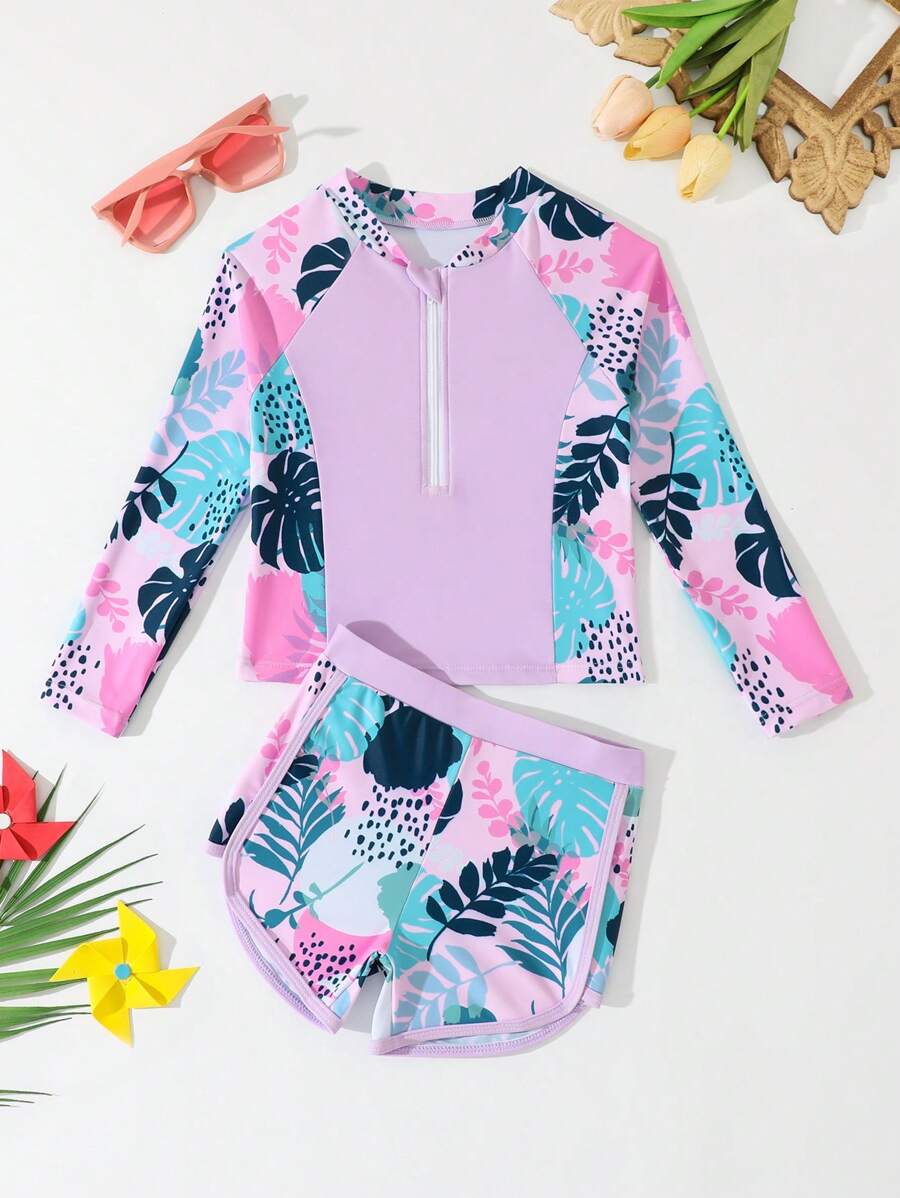 SHEIN Random Print Young Girls Tankini Swimwear Two-Piece Set Girls' Baby Toddler Long Sleeved With Shorts Rashguard Swim Bathing Suit Set - Multicolor - View 1