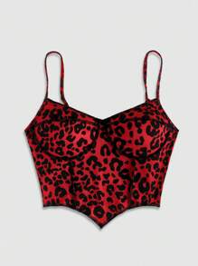 SHEIN EZwear 针织豹纹吊带背心，女式修身短款 - 紅色 - 查看 3