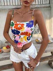 SHEIN VCAY Ladies White Floral Summer Boho Vacation Holiday Cami Top,Large Flower Print Multi-Layer Swing Collar Asymmetrical Hem Casual Cami Shirt For - Multicolor - View 3