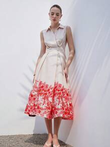 Aveloria Modichic Elegant Chic Commuter Versatile Fashion Top Crossed Waist Button Design Floral Printed Sleeveless Dress For Women