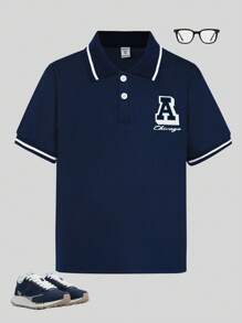 SHEIN 青少年男孩休闲宽松字母印花短袖 Polo 衫 - 藏蓝色 - 查看 1