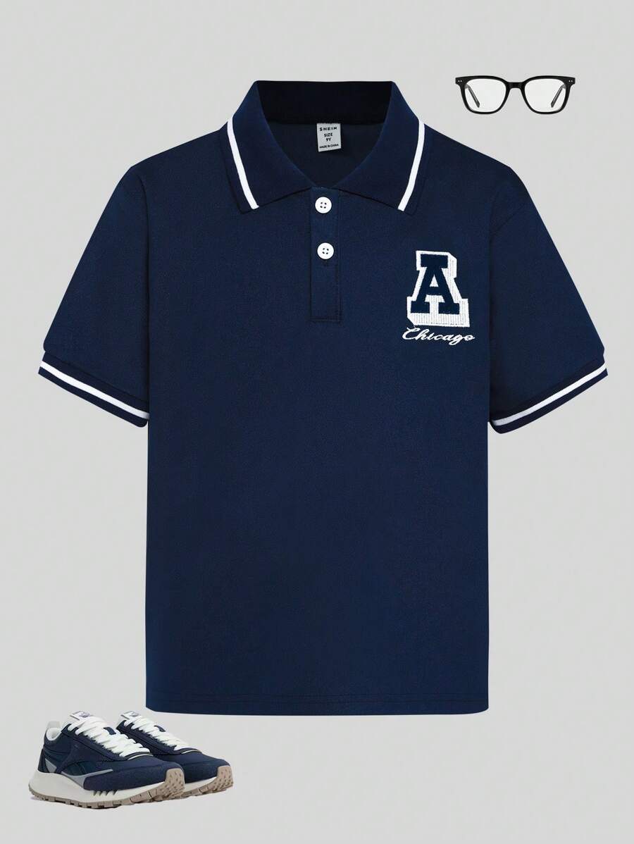 SHEIN 青少年男孩休闲宽松字母印花短袖 Polo 衫 - 藏蓝色 - 查看 1