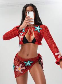 SHEIN Handmade Crochet Openwork Cardigans For Women, Starfish Embroidered, Tie-Up Long Sleeve Boat Neck Spring/Summer Outerwear