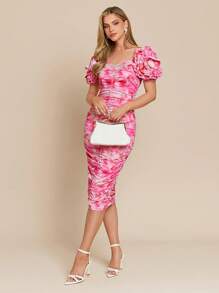 Amorya Vestido midi de manga corta con estampado floral, elegante y ajustado con fruncidos para mujer