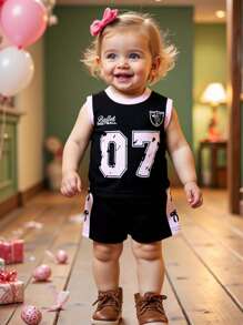 Toddler Girls 2pcs Casual Set, Letter Print Tank Top And Shorts - Black - View 7