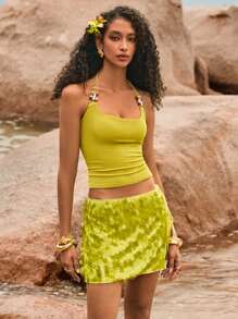 Poéselle Top ajustada con cuello halter, decorada con cuentas, diseñada para vacaciones de las mujeres