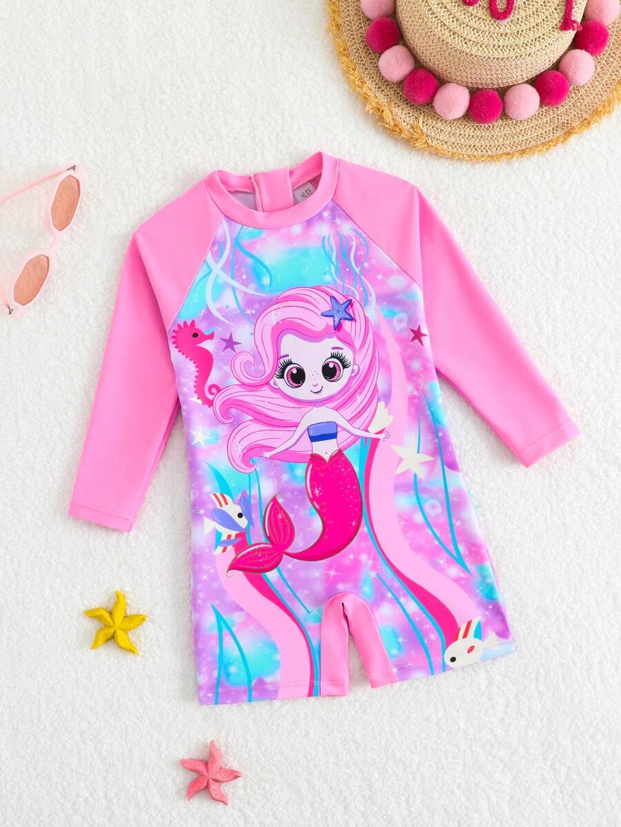 SHEIN Baby Girl Cartoon Mermaid Print Raglan Long Sleeve Rash Guard And Shorts Swimsuit - Baby Pink - View 1