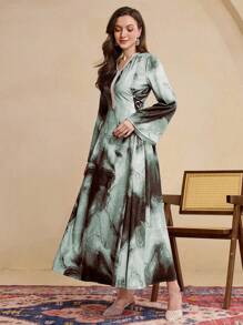 Al Najma Vestido de manga larga con cuello en V, cintura ceñida y estampado retro tie-dye, modesto