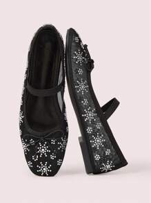 CUCCOO DOLLMOD Sepatu Loafer Datar Wanita dengan Hiasan Jaring Ikan dan Rhinestone - Hitam - View 2