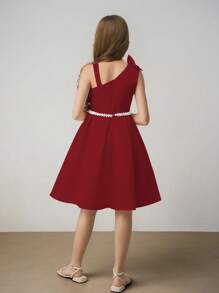 Tween Girl Sleeveless One Shoulder Cinched Waist A-Line Elegant Minimalist Wedding Bridesmaid Party Dress With Pearl Waistband - Burgundy - View 2