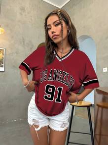 SHEIN Unity Loose-Fit V-Neck Drop-Shoulder T-Shirt With Los Angeles Printed English And Numbers Graphic Tees Women Tops