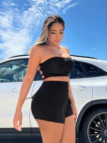 SHEIN SXY 春夏办公室优雅休闲西式服装音乐节女式黑色针织五金饰边开衩短裙 - 黑色 - 查看 6