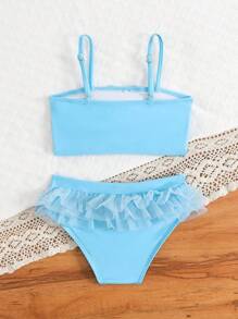 Young Girl Bikini Set Featuring Triangle Bottoms And Mesh Strap Top - Blue - View 2