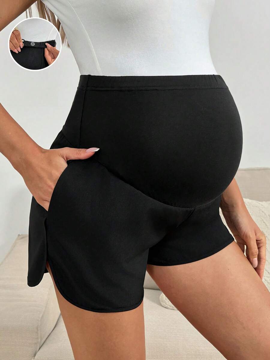 SHEIN Quần short cạp chun màu trơn thường ngày cho bà bầu, mùa hè - màu đen - Xem 1