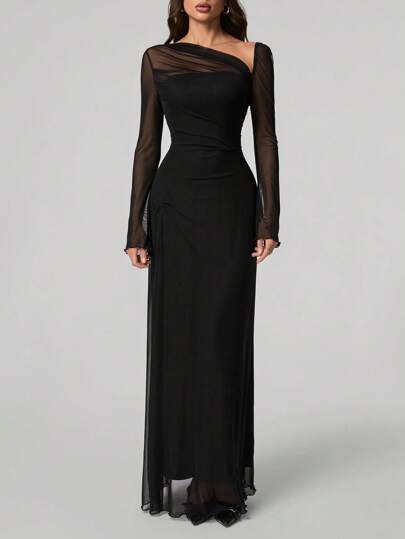 SHEIN Tall Elegant Solid Color Asymmetric Neck Dress, Autumn,Bohemia