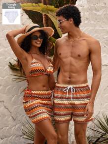 Manfinity VDAYZ Men's Beach Shorts Couples Matching Swimwear Drawstring Waist Front Tie Pocket Geometric Print Beach Vacation Hawaiian