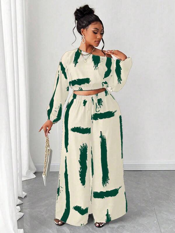 Maweii Plus Size Fashion Printed Asymmetric Neck Long Sleeve 2 Pieces Set