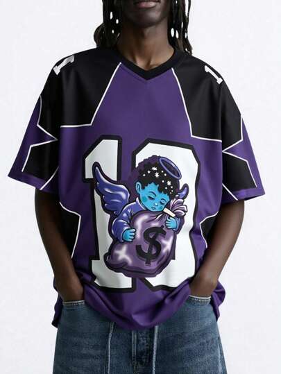 Prep Camiseta casual de estilo de camiseta de fútbol con cuello redondo y estampado de fútbol para hombre, para uso diario