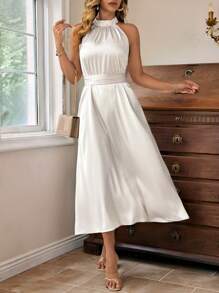 Celure Plus Size Women's Dress, Elegant Satin Fabric With Comfortable & Skin-Friendly Bestselling Material, Solid Color, Small Stand Collar Waist Tied Belt Slimming And Elongating, Bowknot Decoration At Back Waist, Sleeveless, Simple & Fashionable For Party, Suitable For New Year's Day Daily Commute, Shopping And Entertainment, Wedding And Banquet, Comfortable Fabric, High Cost-Performance