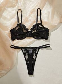 Set de 2 piezas de lencería sexy para mujer con bordado de strass en forma de corazón negro