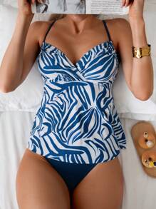 Swim Lushoire Nuevo Conjunto de Tankini de 2 piezas con estampado de estilo europeo y americano, diseño conservador que oculta el vientre, para mujeres