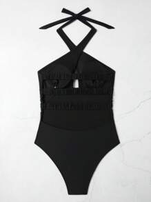 Swim SXY Đồ bơi liền thân không dây màu đen trơn có dây đeo chéo lưng nhún bèo cho nữ - màu đen - Xem 3