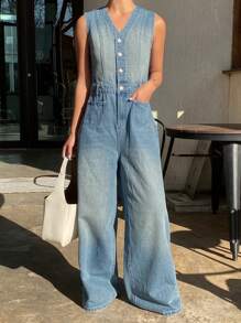 Livesso 复古水洗做旧口袋牛仔连体裤，休闲夏季西式秋季服装 - 藍色 - 查看 6