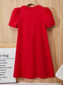 1pc Tween Girls' 3D Bow Decor Short Sleeve Pleated Dress, Loose Fit, Spring/Summer,Holiday,Summer,Travel - Red - View 2
