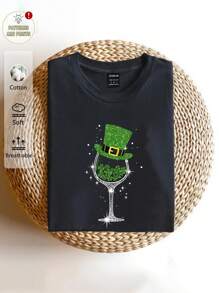 SHEIN EZwear St. Patrick's Day Casual Loose Faux Golden Clover & Wine Glass Graphic T-Shirt, Women Funny - Black - View 6