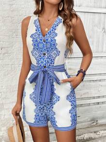 SHEIN Clasi Women's Floral Print Sleeveless Button Up Pocketed Jumpsuit For Vacation - Baby Blue - View 3