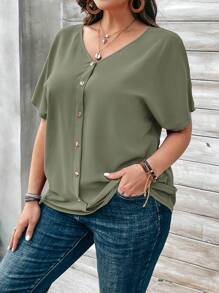 EMERY ROSE Plus Size Women's Orange Button Embellished Short Sleeve Shirt For Spring - Mint Green - View 4