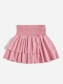 SHEIN PETITE Saia curta de verão com bainha de duas camadas de cintura alta - Rosa - Ver 3