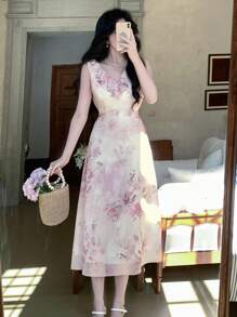 DAZY Mid-Length Floral Ruffle Slit Women Dress Prom Dress Sundress