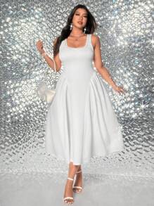 Viva Relle Plus Size Women's Elegant Vintage Minimalist Evening Party Dress With Rhinestone, White, Spring/Summer Fall Cloth For Women - White - View 3