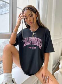 StreetHx 宽松落肩 T 恤，字母印花图案 T 恤，女式上衣